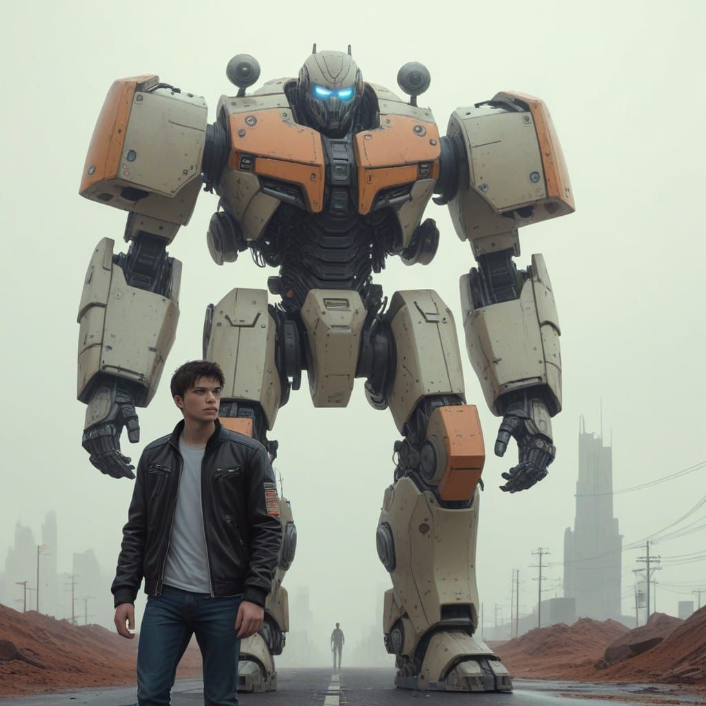 Young Man and His Futuristic Robot Protector in a Gritty Dys...