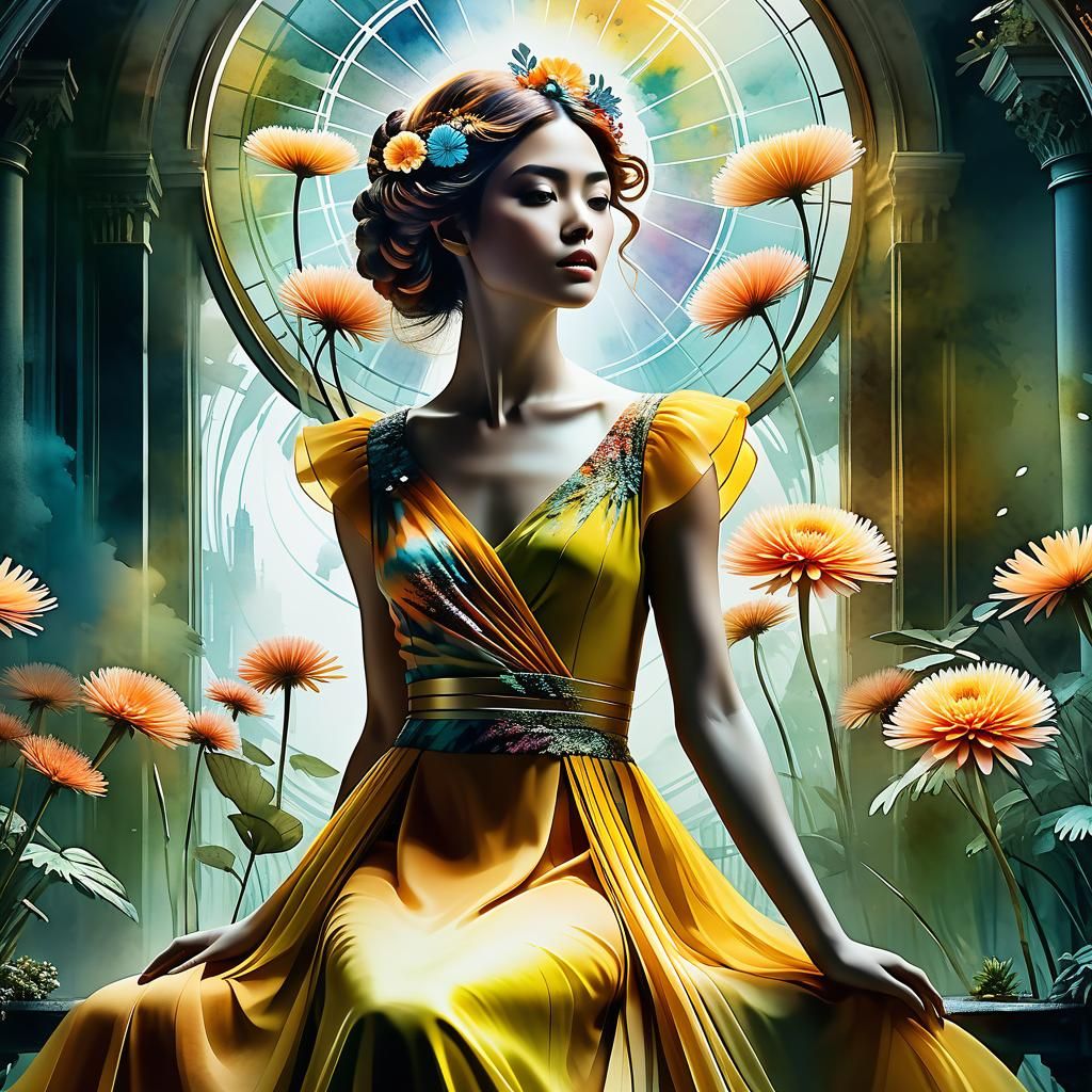 Glamorous Lady with Daffodils: Digital Watercolor Illustrati...
