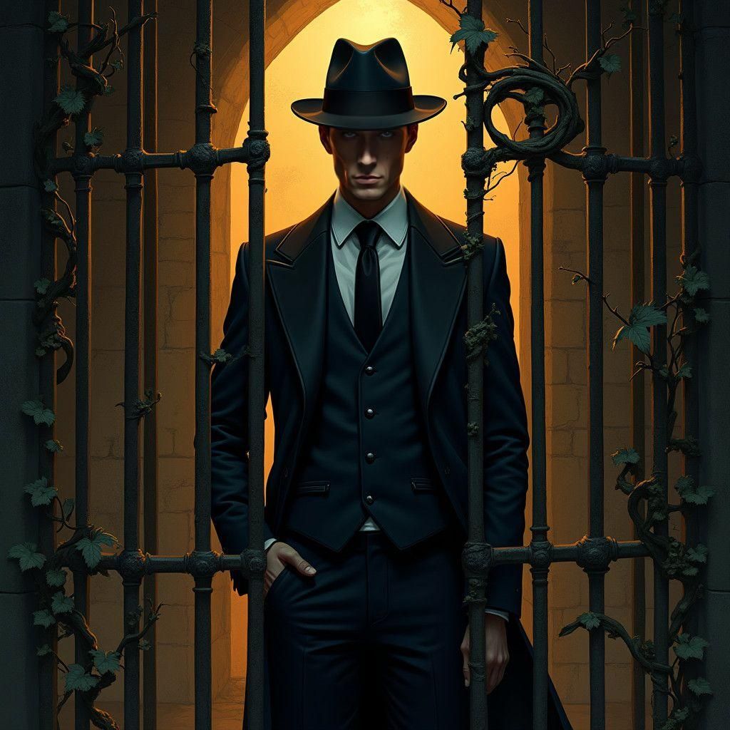 Man in Black Suit Behind Bars: Detailed Matte Painting