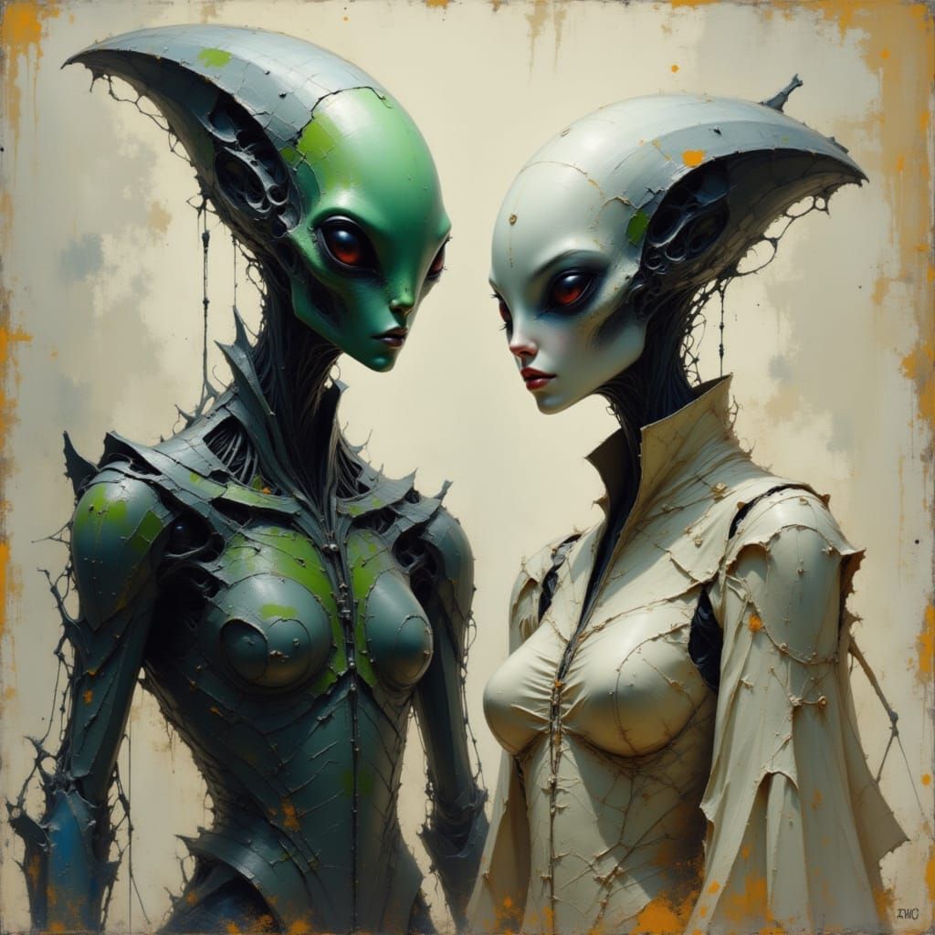 Alien Couple Portrait in Soft Pastel Style