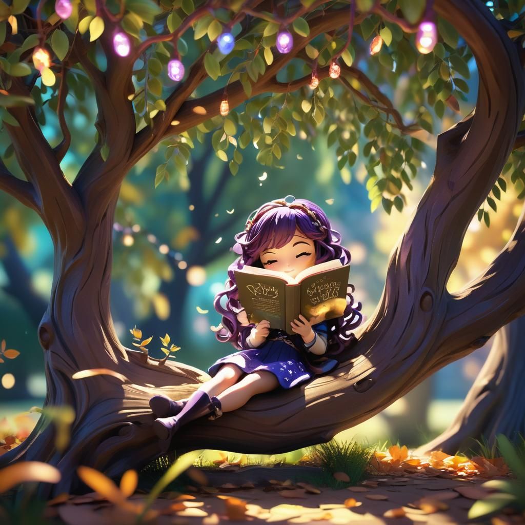 Chibi Girl Reading: Whimsical CGI in Autumn