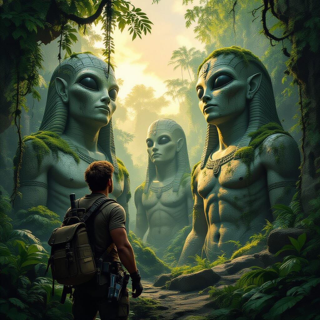 Explorer Discovers Ancient Alien Statues in Twilight Jungle