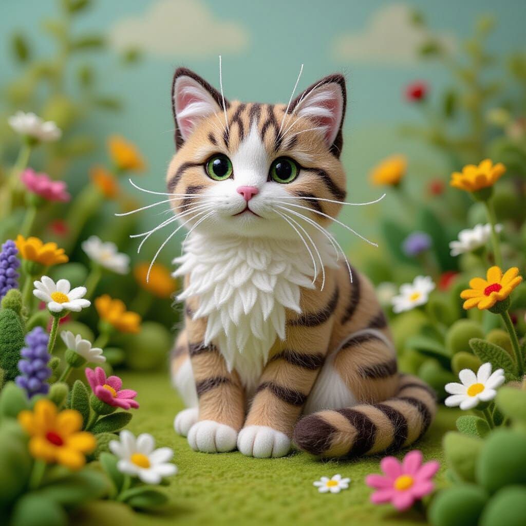 Felted Cat in Garden, Storybook Illustration