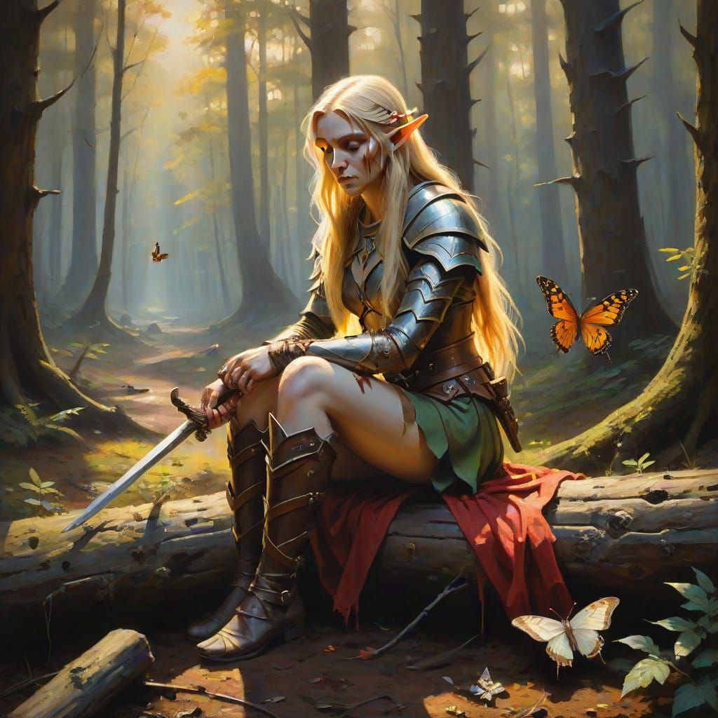 Majestic Female Elf Warrior in Tenebrism Oil Painting