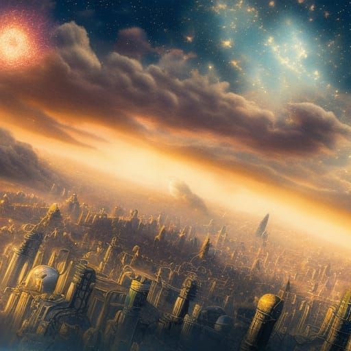 Steampunk Nebula Over Junk City in Stop-Motion Style