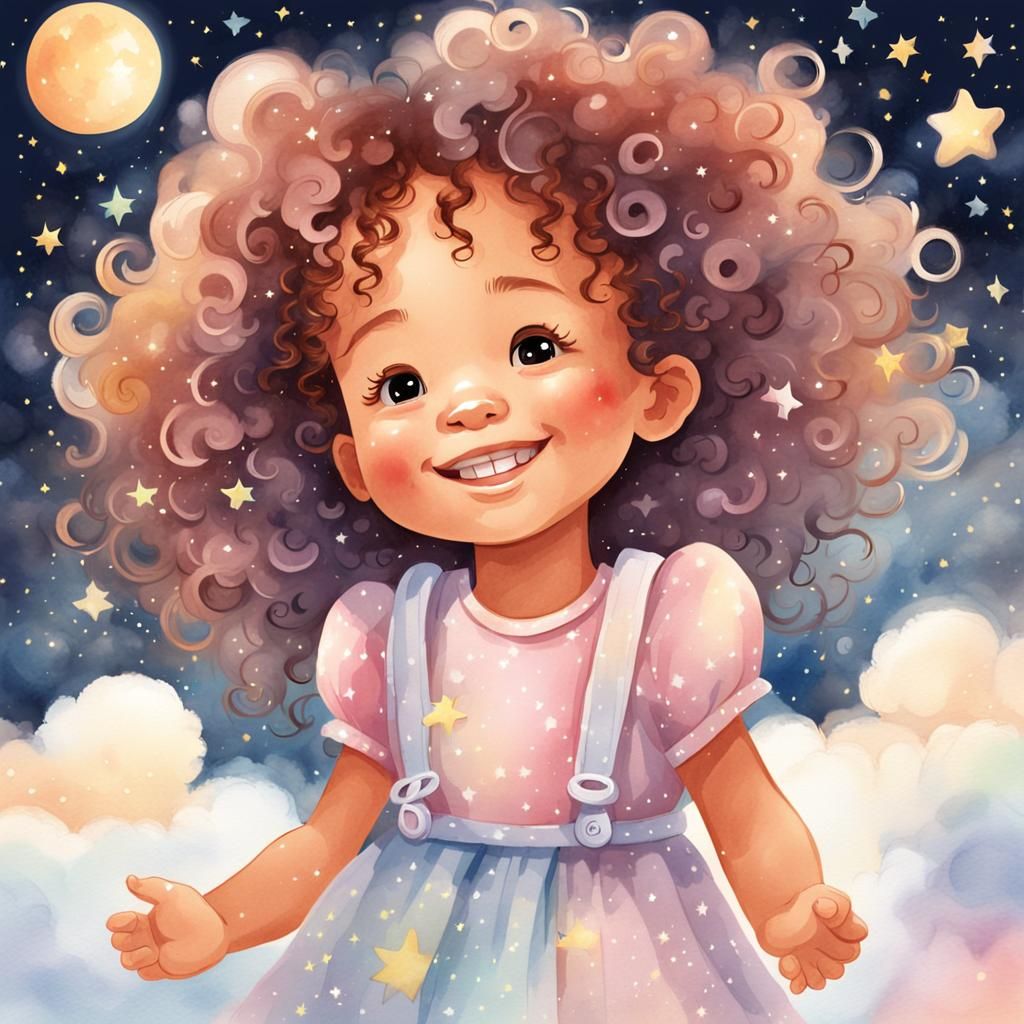 Whimsical Baby Girl Cartoon in Watercolor Style