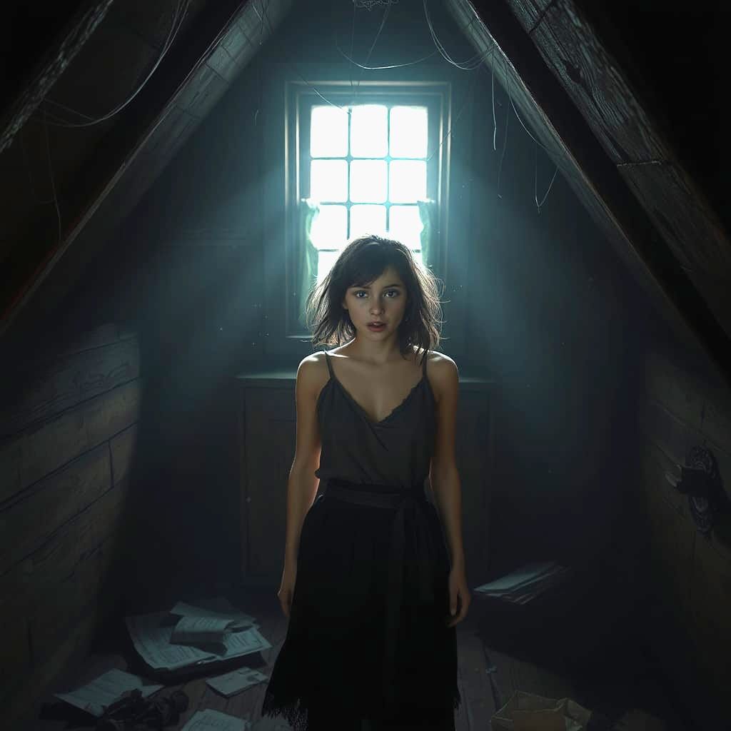Woman in Shock in Dimly Lit Attic
