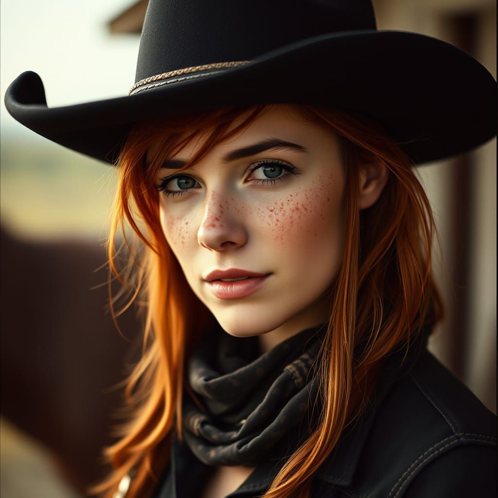 Red-Haired Cowgirl in Black Hat: Cinematic Portrait