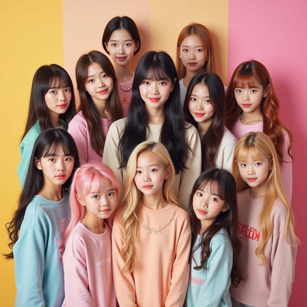 Vibrant K-Pop Group Portraits in Colorful Harmony