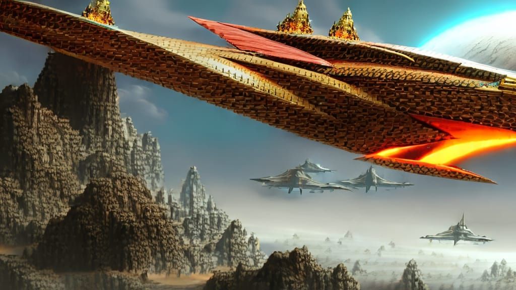A Flash Gordon style spaceship with huge dragon wings flying...