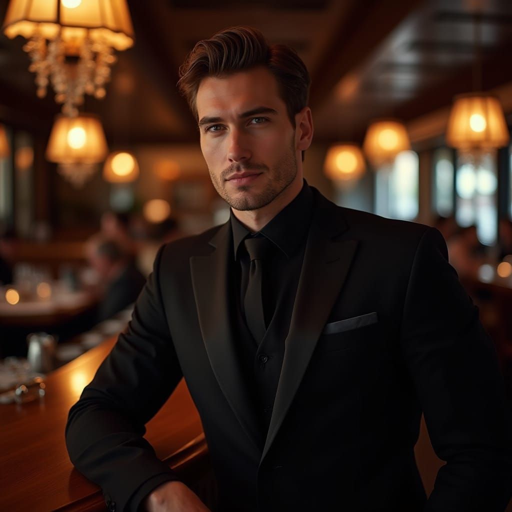 Man in Black Suit at High-End Restaurant Bar