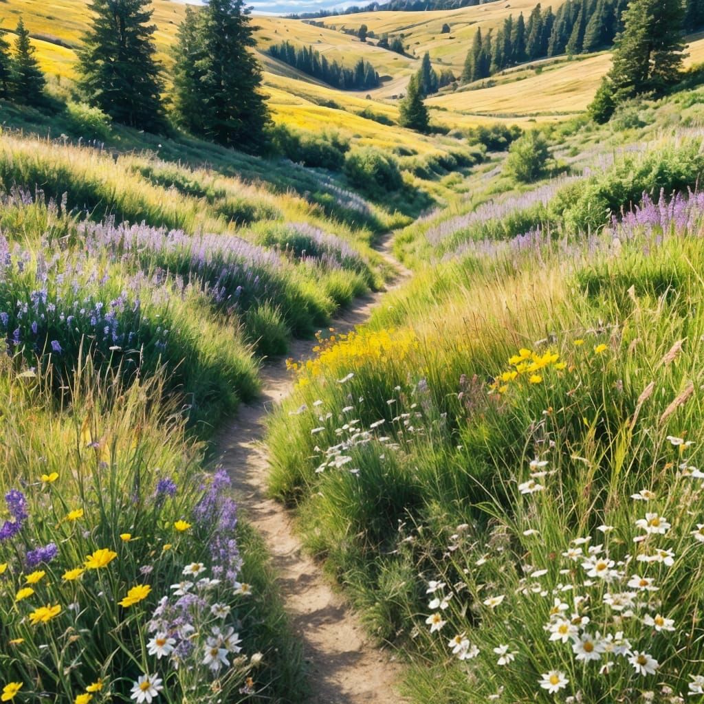 Sun-Drenched Meadow with Wildflowers: Matte Painting