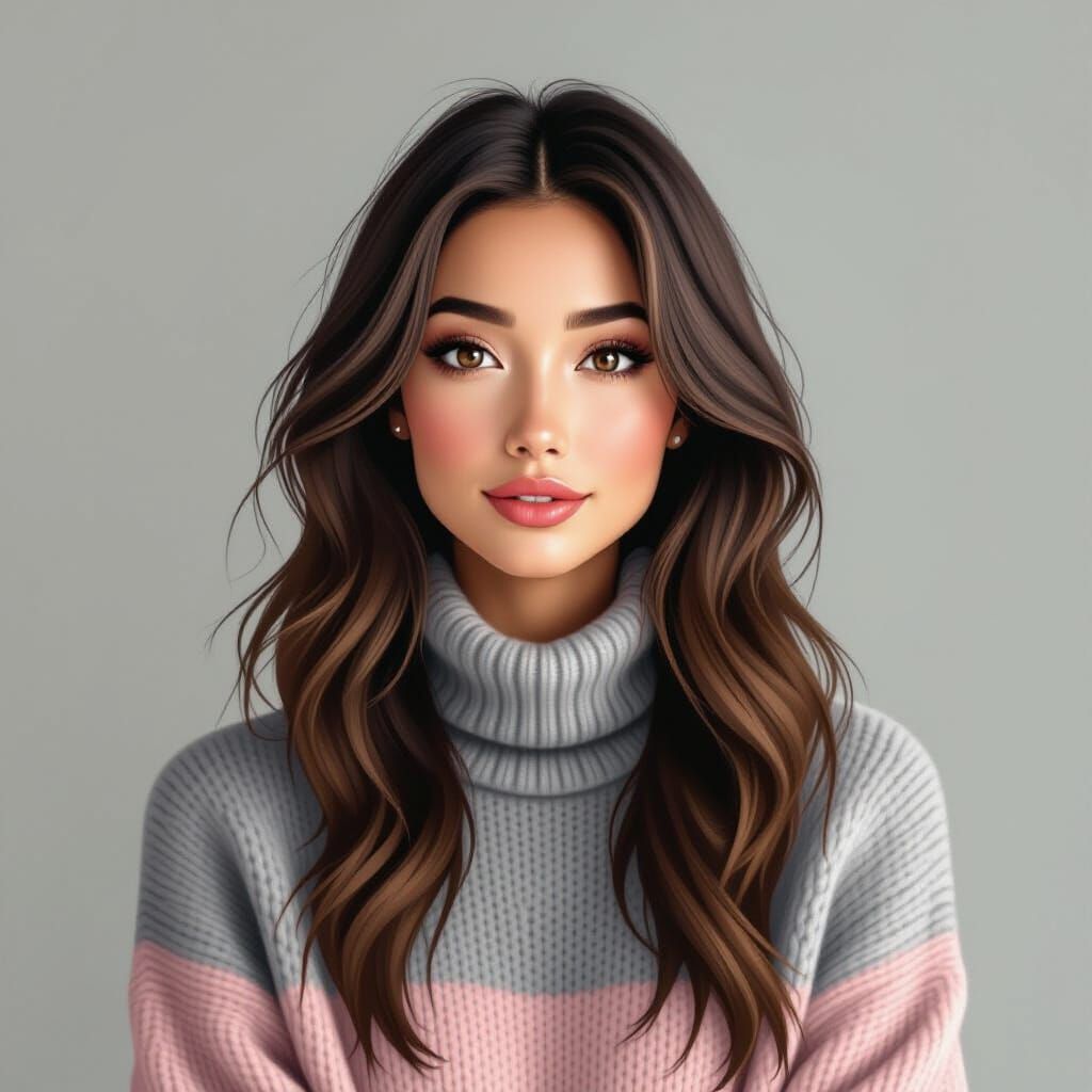 Realistic Woman Portrait with Bushy Hair in Sweater
