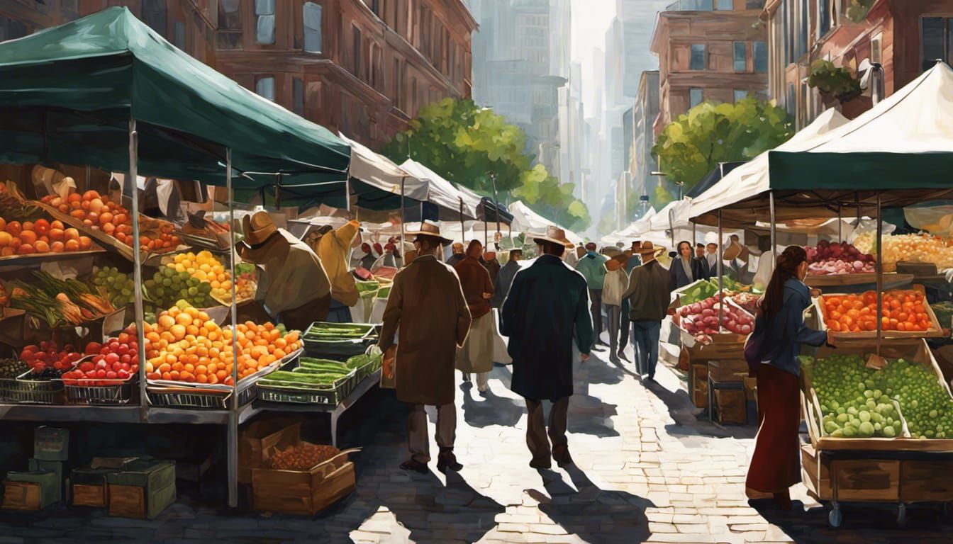 Urban Farmer's Market: Hyperrealistic City Illustration