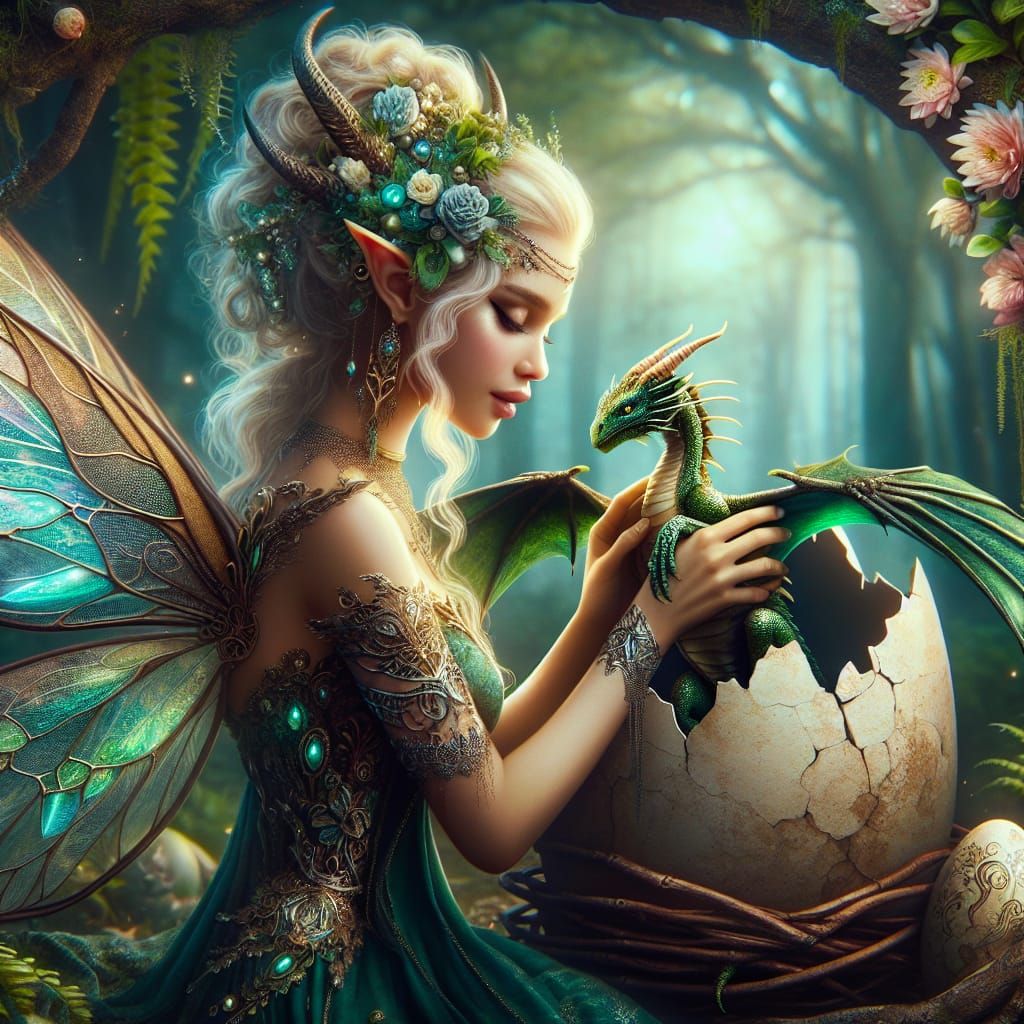 Tamamorna - forest/animal fairy helping a newly hatched dragon Miraghan to strengthen its wings so it could start to fly