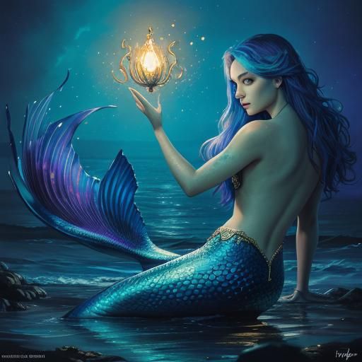 Hyperrealistic Mermaid at Night in Splash Art Style