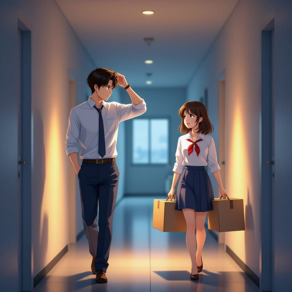 Anime Couple in Dim Hallway: Kai and Ayaka