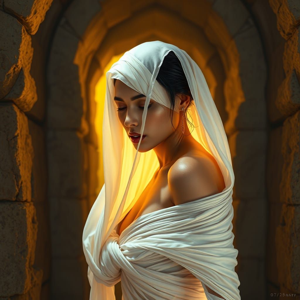 Bandaged Woman Emerges from Tomb: Hyperrealistic Splash Art