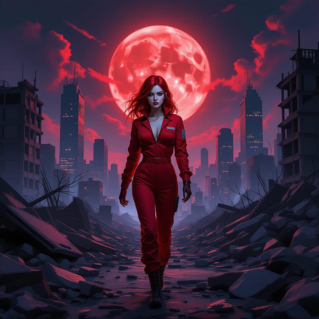 Post-Apocalyptic Cityscape Under Blood Moon