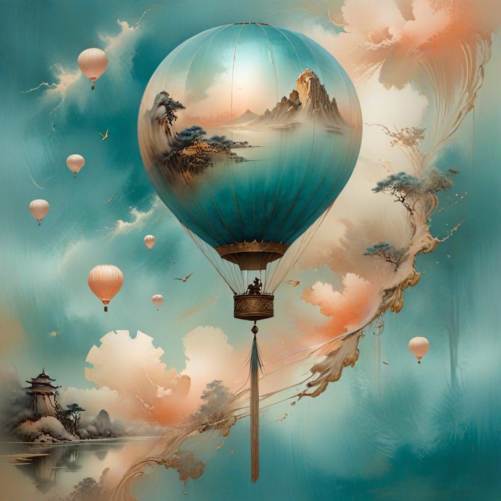 Chinese Landscape with Hot Air Balloon in Watercolor