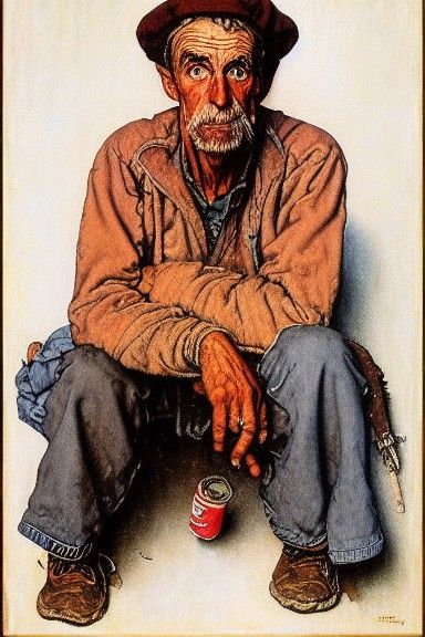 Homeless Man Portrait in Rockwell Style
