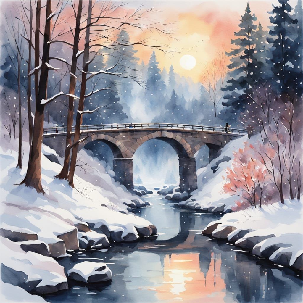 Vibrant Winter Waterfall Landscape at Dusk