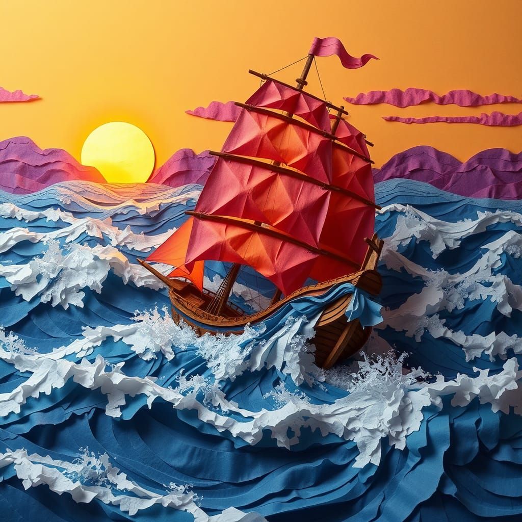 Brigantine Ship on Raging Sea in Splash Art Style