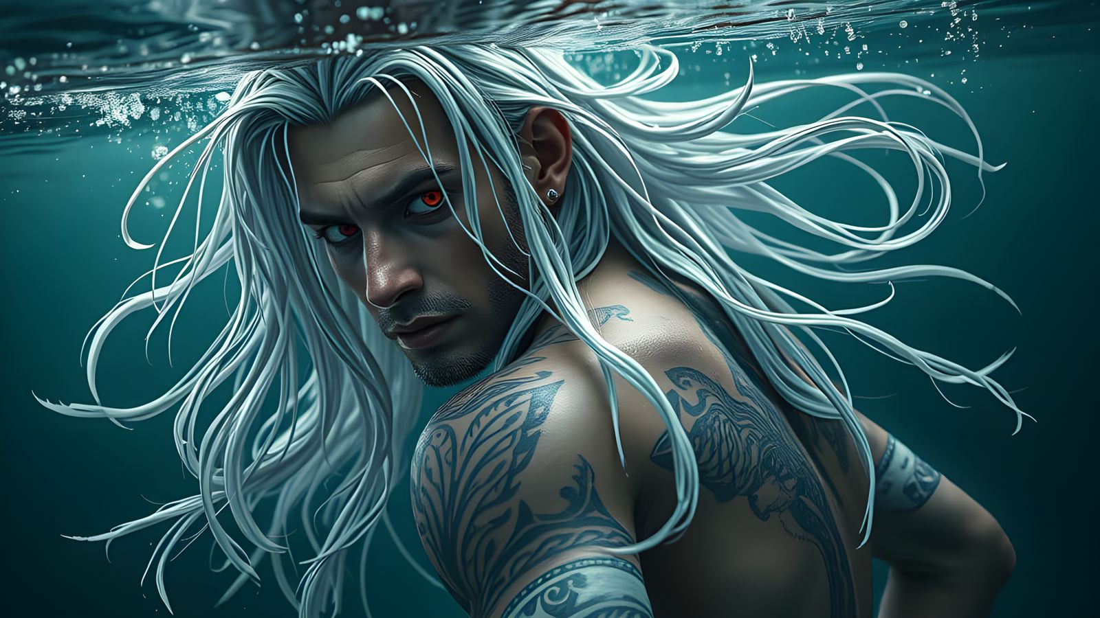 Underwater Man with Glowing Eyes in Fantasy Style