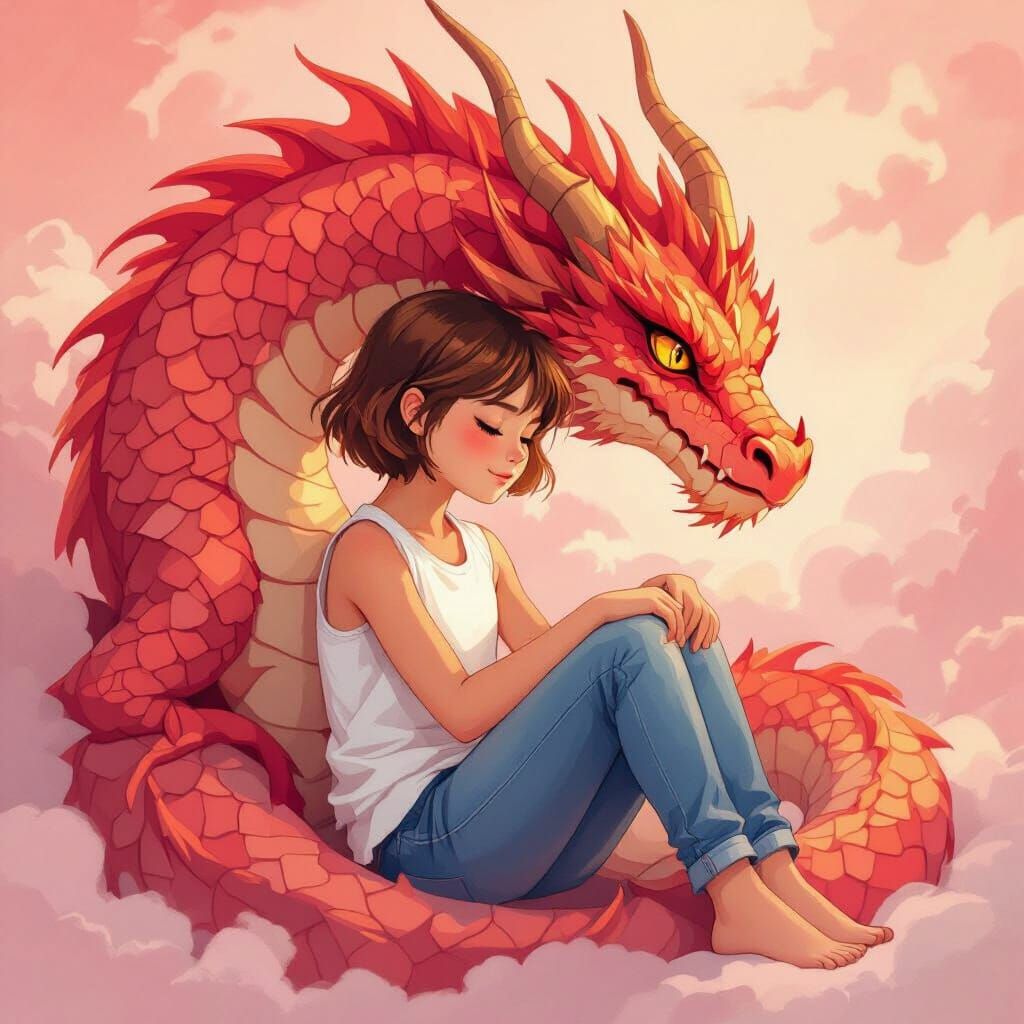 Girl Protected by Crimson Dragon: Dreamlike Illustration