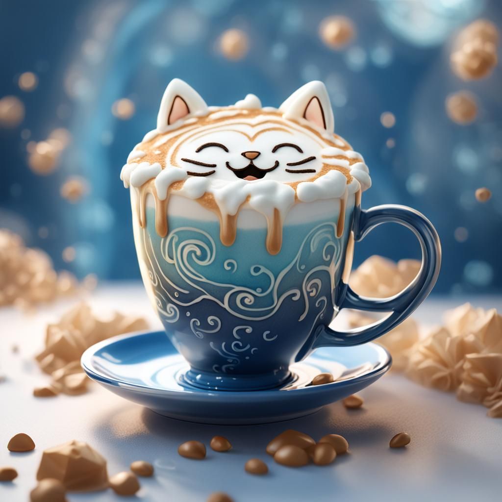 Latte Art: Whimsical Kitty Smile, Digital Painting