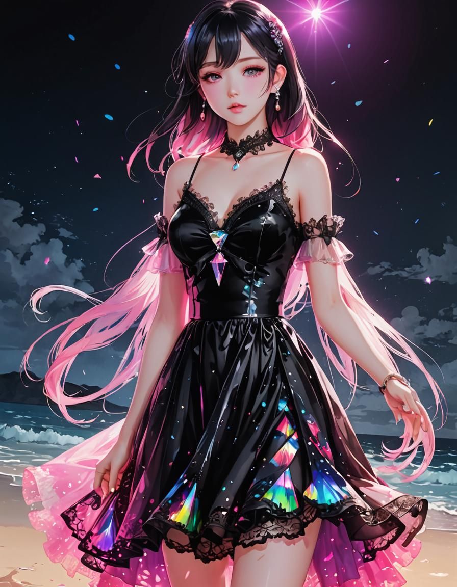 Beach Figure with Rainbow Ink in Anime Style