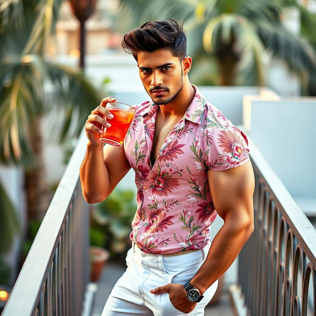 Confident Indian Man Sipping Mojito on Balcony