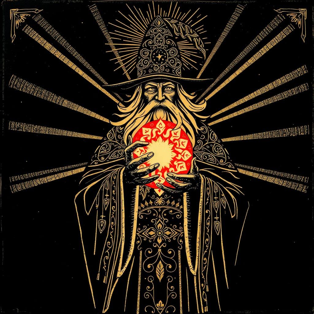 Art Deco Wizard Holding Fireball