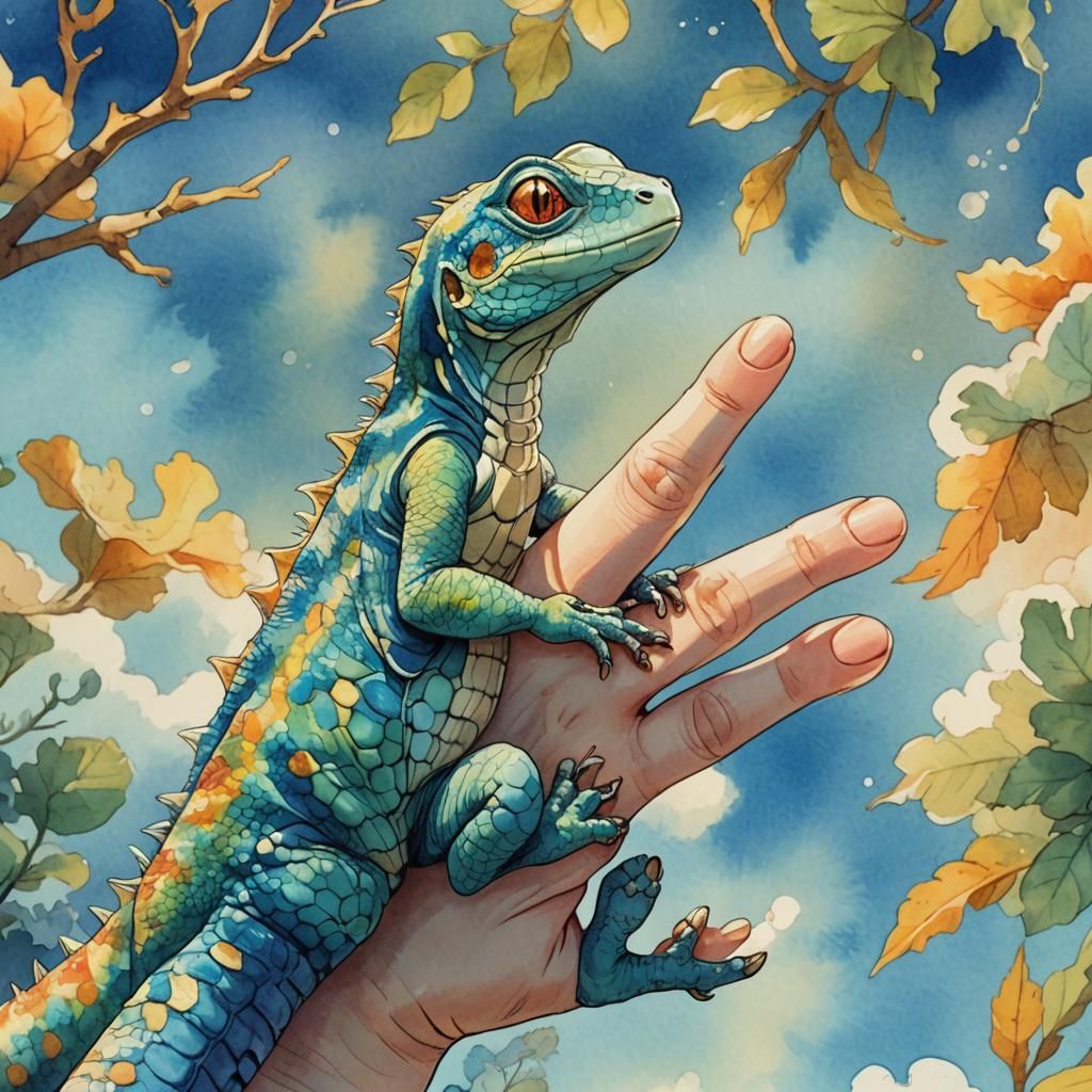 Lizard on Finger in Studio Ghibli Watercolor Style
