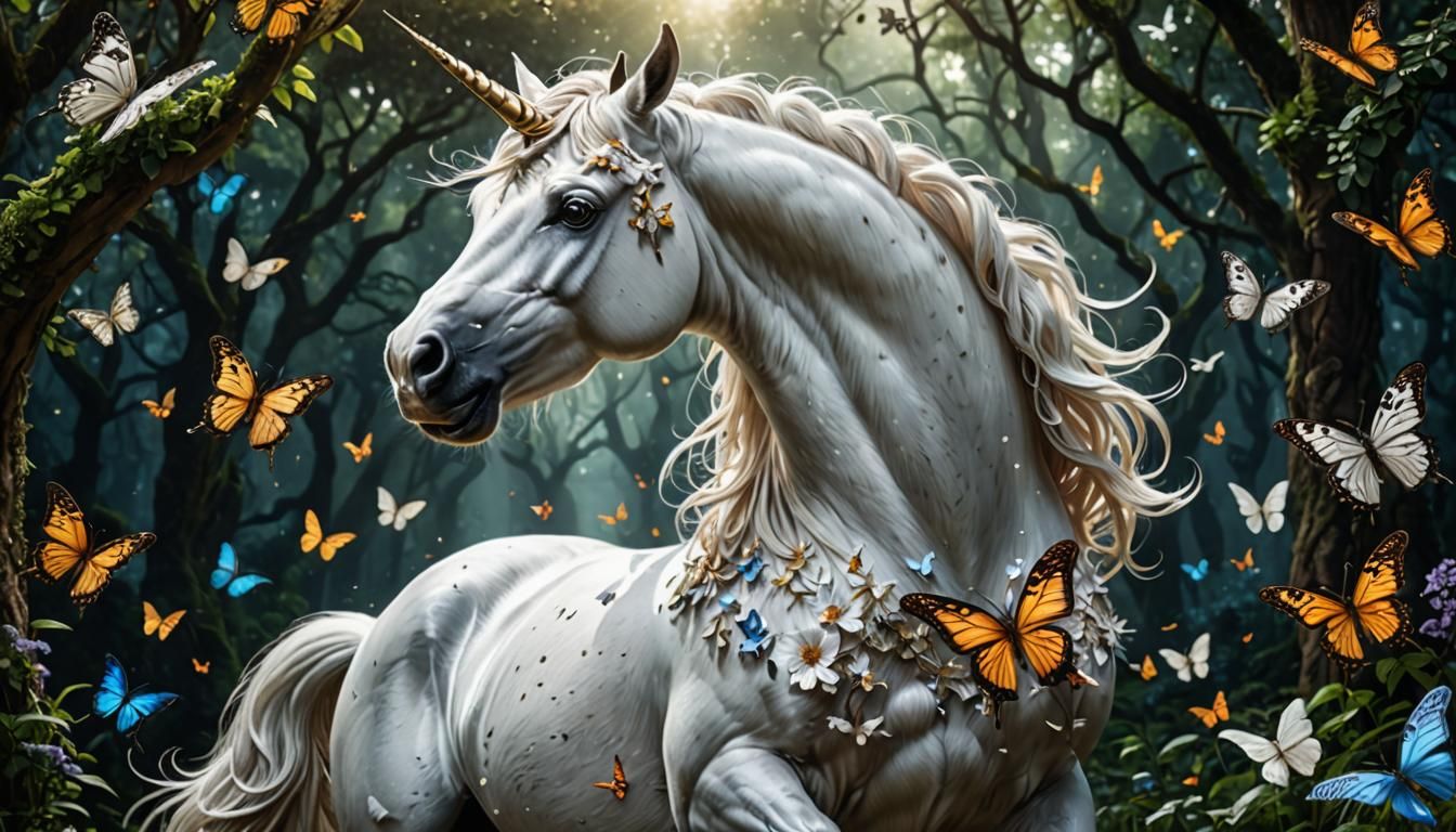 Majestic White Unicorn with Butterflies in Glen