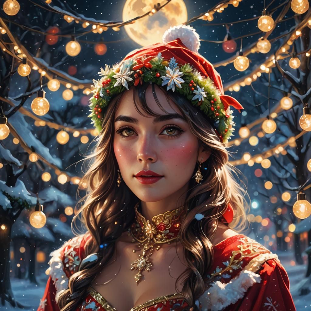 Stunning Woman in Vibrant Christmas Fantasy Portrait