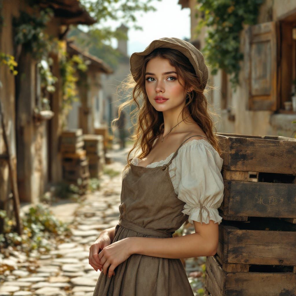 19th Century Village Scene with Young Woman and Crates