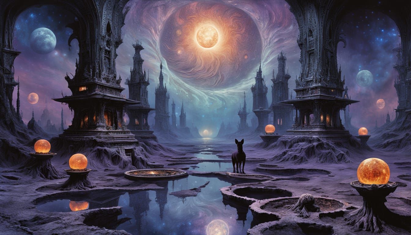 Cosmic Chihuahua Guarding Celestial Pond in Dark Fantasy Sty...