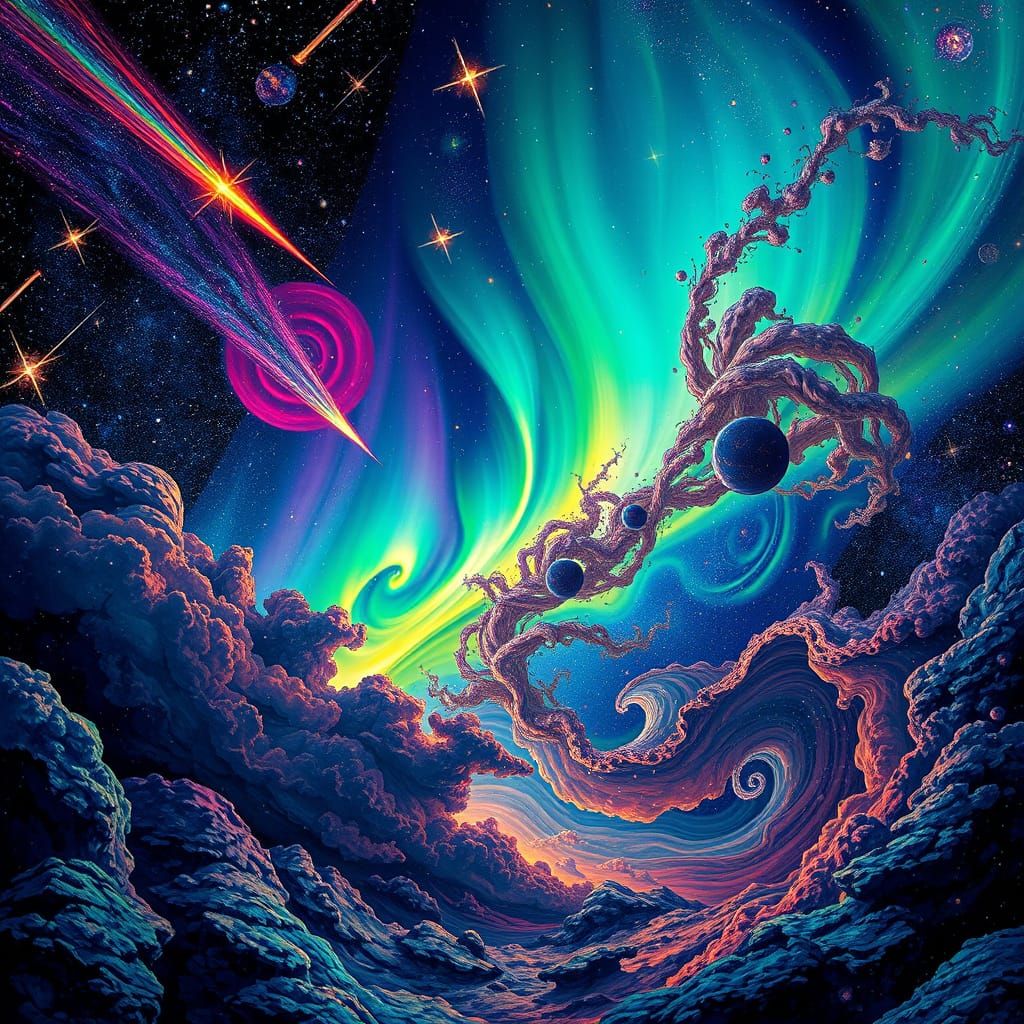 Celestial Cosmic Storms in Vibrant 8k Holographic Style