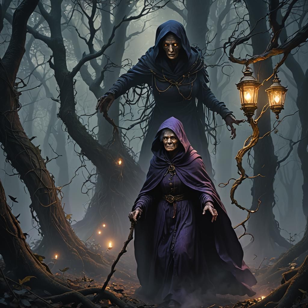 Dark Fantasy Grandmother in a Mysterious Forest