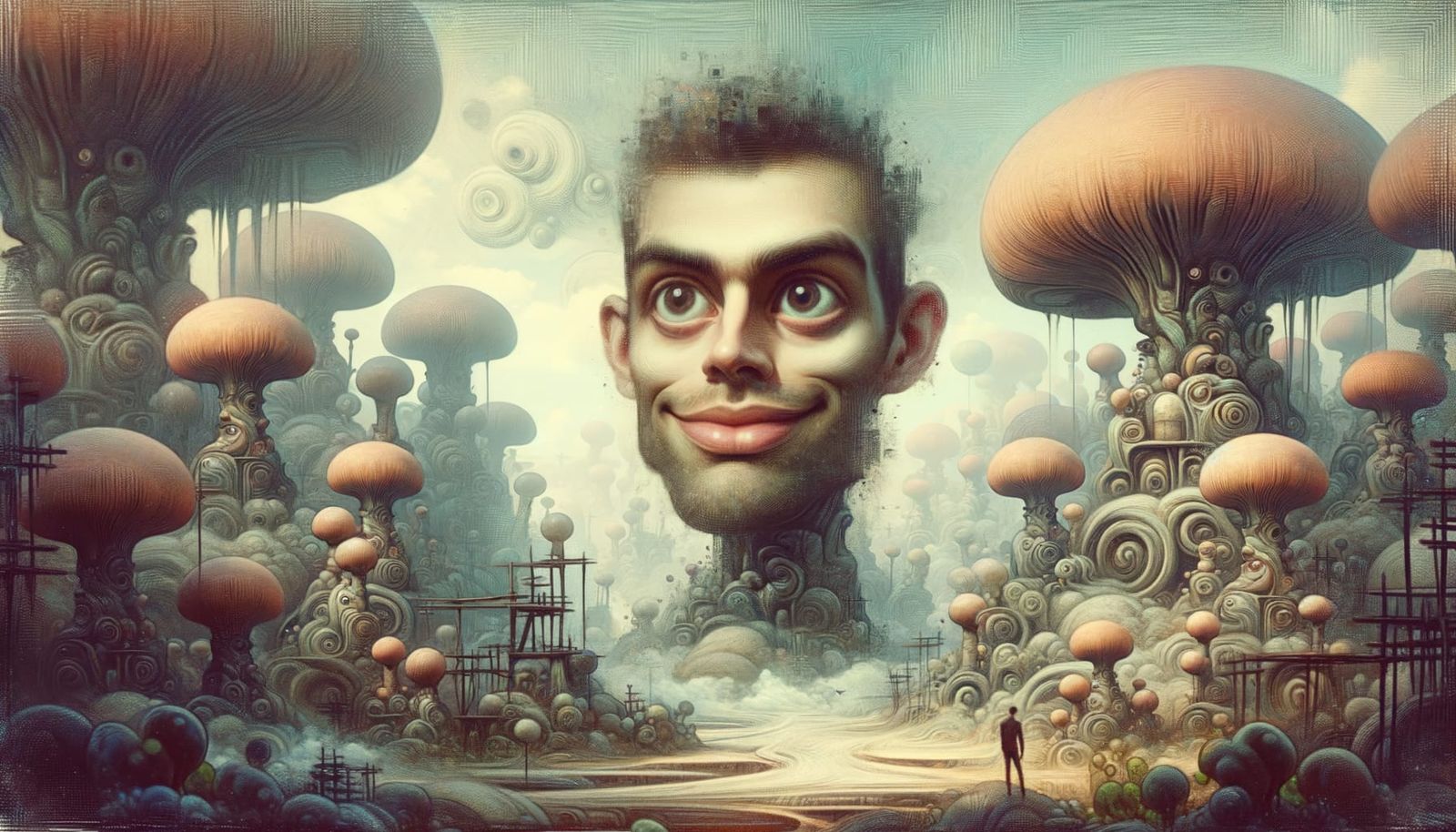 Bizarre Caricature in a Dreamlike Landscape with Grainy Text...