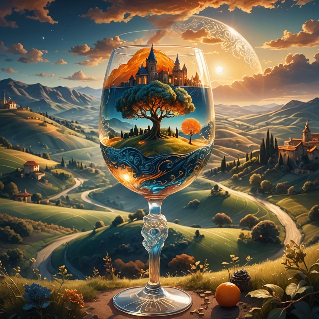 Miniature Landscape Inside Wine Glass: Fantasy Concept Art