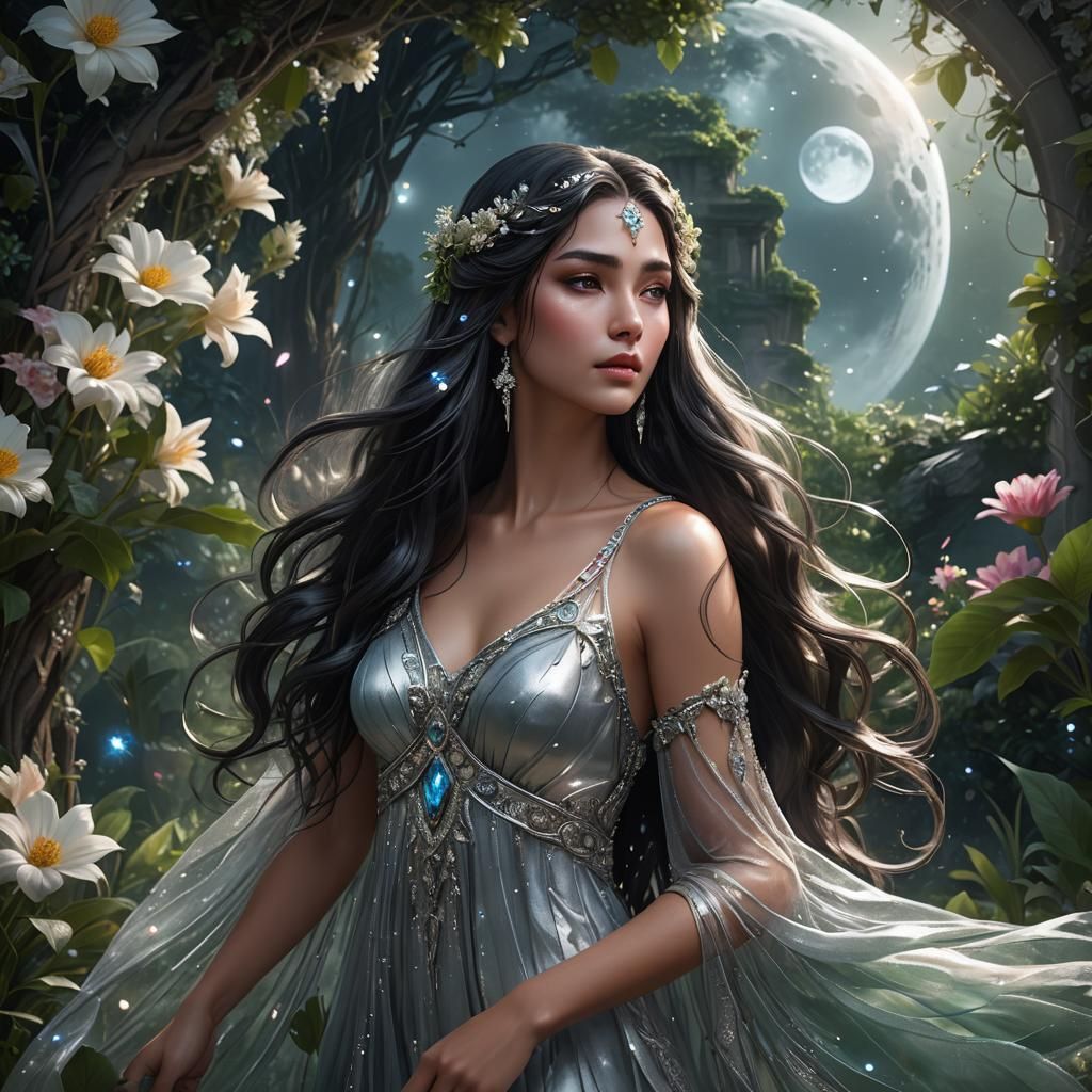 Ethereal Moon Goddess in a Lush Fantasy Landscape