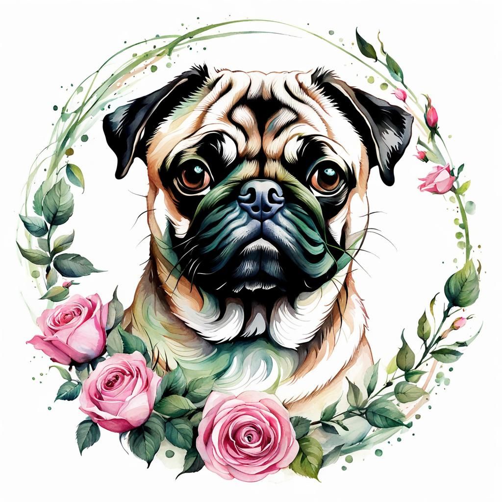 Whimsical Pug Dog in Watercolor Rose Garden