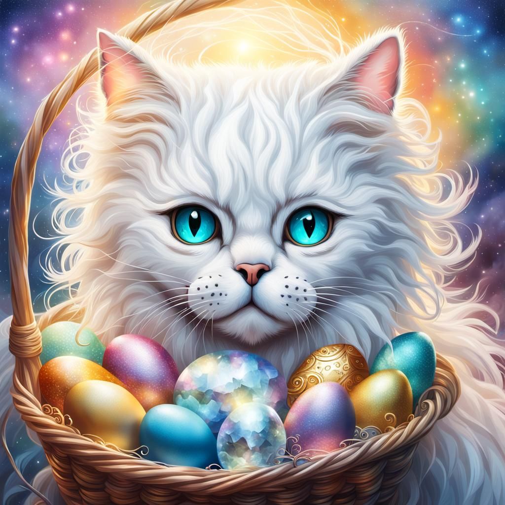 Rainbow Crystal Cat Hugging Colorful Eggs: Astral Illustrati...