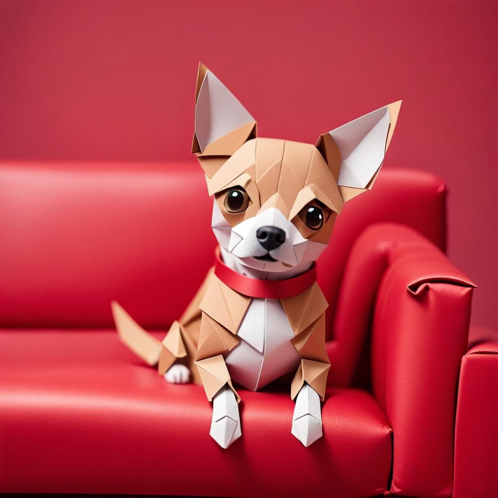 Origami Terrier-Chihuahua Dog on Red Couch