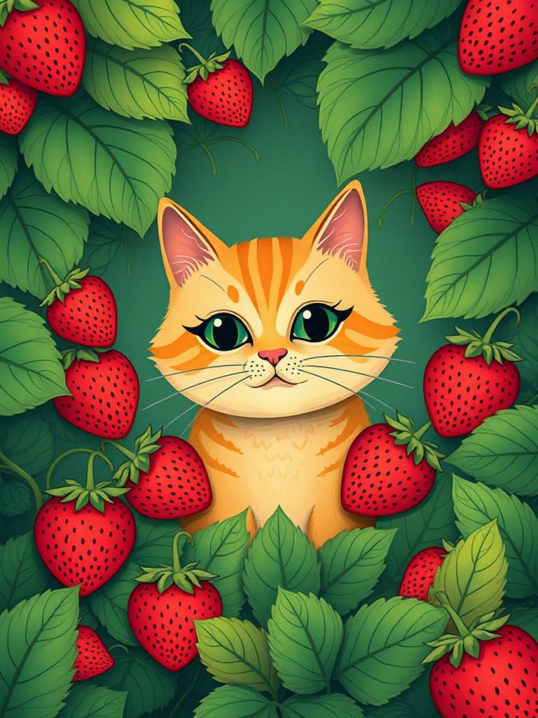 Whimsical Cat with Strawberries in Murakami Style