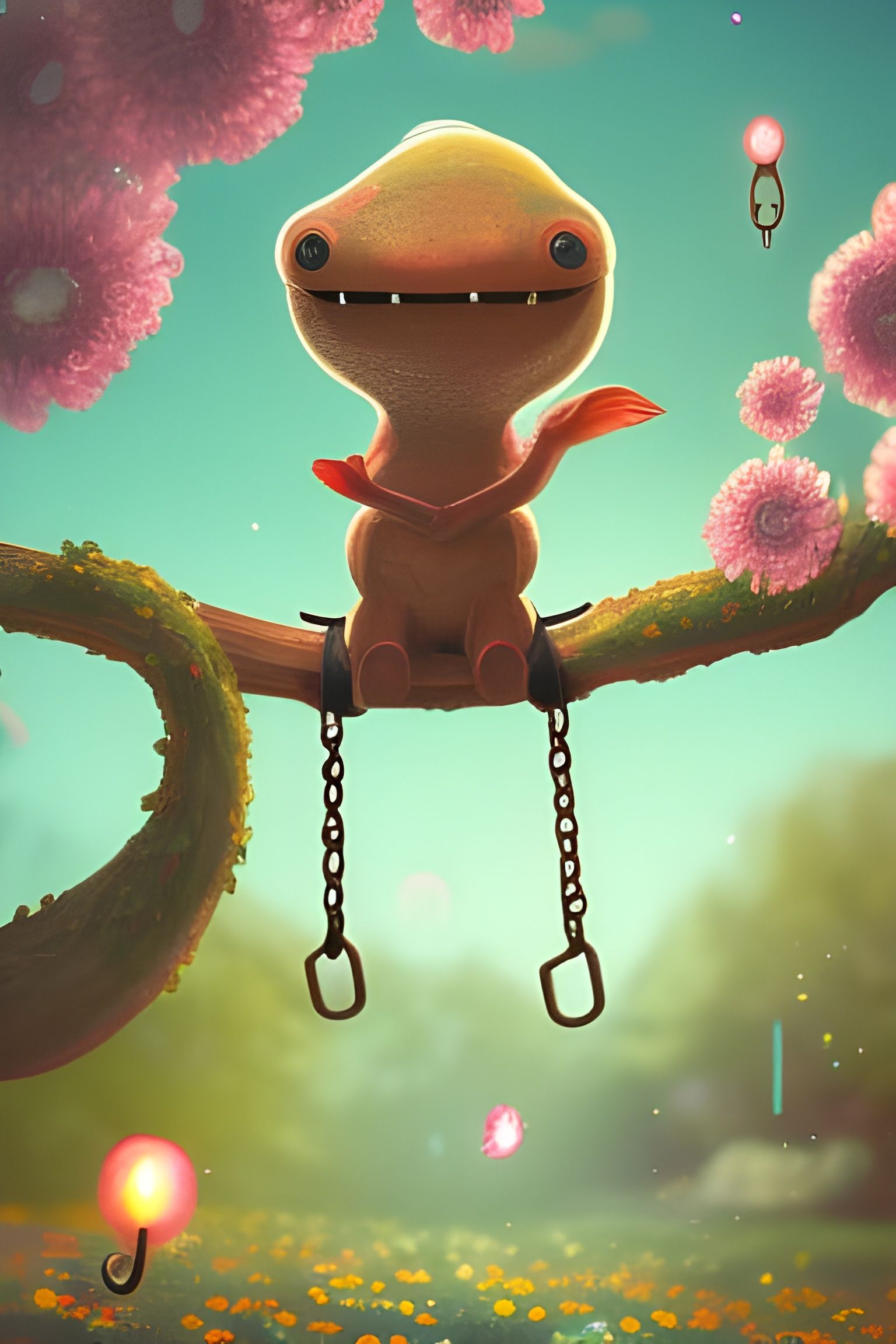 Blooming Park Scene with Adorable Dinosaur, Digital Art