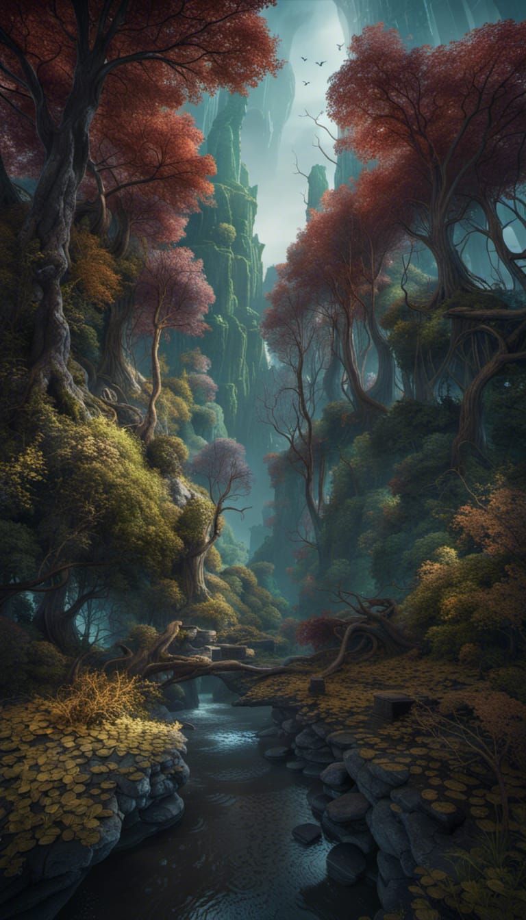 mystical landscape and forest, magic streams. detailed matte...