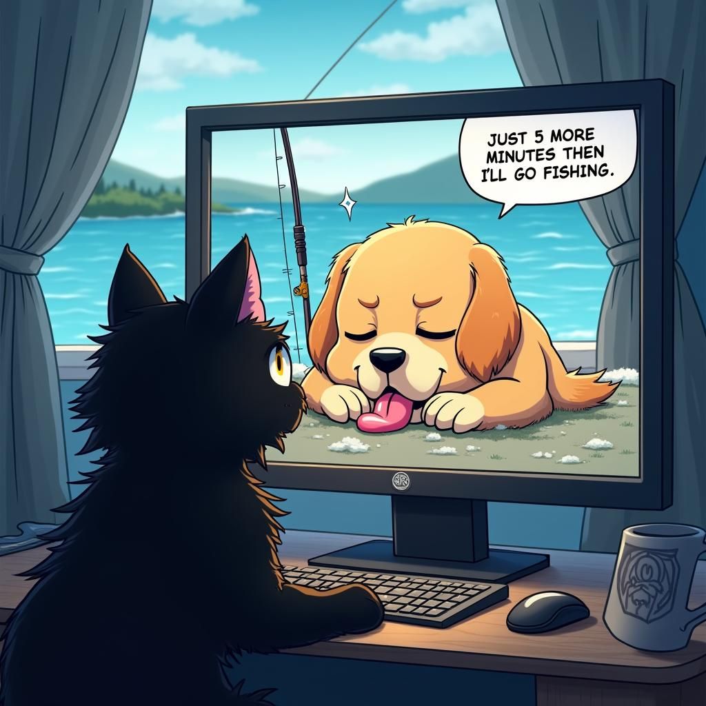 Black Cat Draws Tired Dog in Anime Style